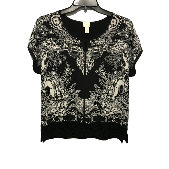 Chicos Sz 2 US Large Black White Print Mixed Fabric Top Lace Trim Hem Side Slit - Picture 1 of 12